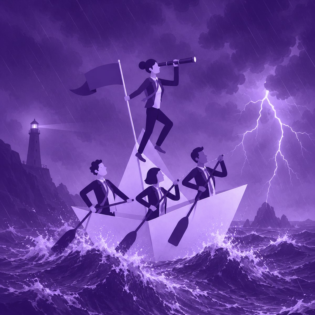 Empleados en un bote con una marea turbulenta y en medio de una tormenta haciendo todo posible para llegar a su destino